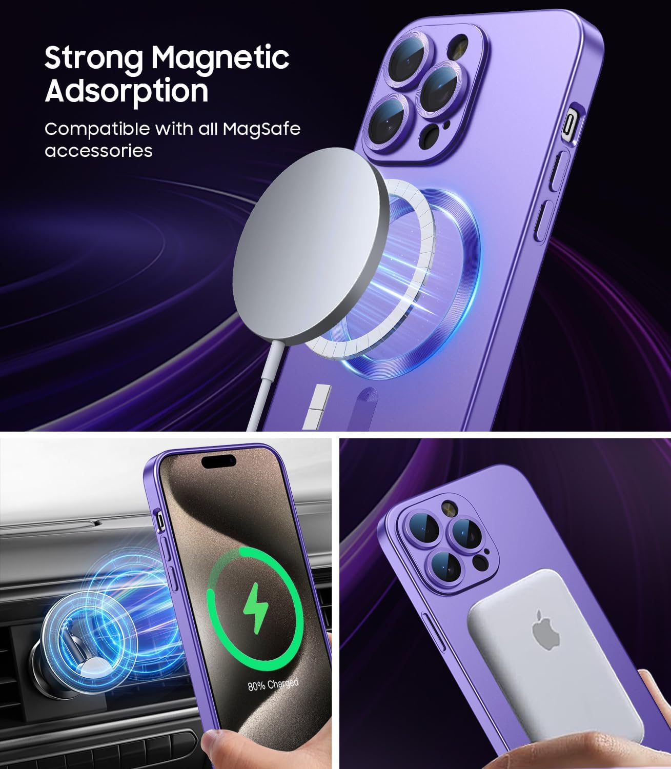 Magnetic for iPhone 15 Pro Case [Compatible with MagSafe][Built-in Camera Lens Protector] Slim Soft Silicone Bumper Shockproof Metallic Shine Phone Case (Purple)