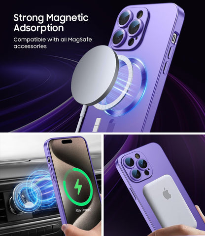 Magnetic for iPhone 15 Pro Max Case [Compatible with MagSafe][Built-in Camera Lens Protector] Slim Soft Silicone Bumper Shockproof Metallic Luster Phone Case (Purple)