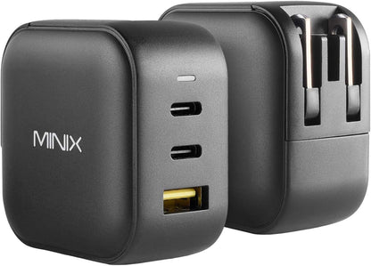MINIX 66W Turbo 3-Port GaN Wall Charger 2 x USB-C Fast Charging Adapter, 1 x USB-A Quick Charge 3.0, Compatible with MacBook Pro Air, iPad Pro, iPhone 16/15/13/12/11, Galaxy S9 S8 and More (NEO P1)