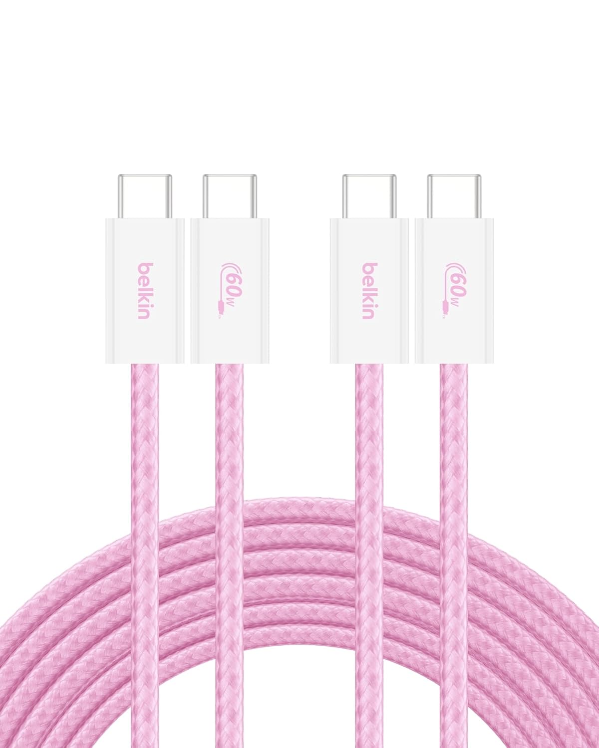 Belkin USB C to USB C Cable 2-Pack, 9.9ft, 60W - Type C Charger, iPhone Charger Cord, Soft, Braided, Flexible for iPhone 16, Galaxy S25, Pixel 9, Airpods, iPad Pro & More, Travel Essentials - Pink