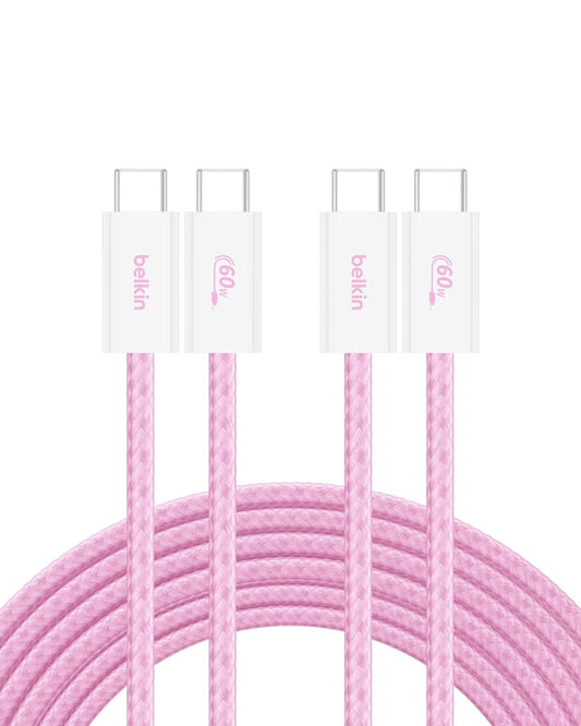 Belkin USB C to USB C Cable 2-Pack, 9.9ft, 60W - Type C Charger, iPhone Charger Cord, Soft, Braided, Flexible for iPhone 16, Galaxy S25, Pixel 9, Airpods, iPad Pro & More, Travel Essentials - Pink