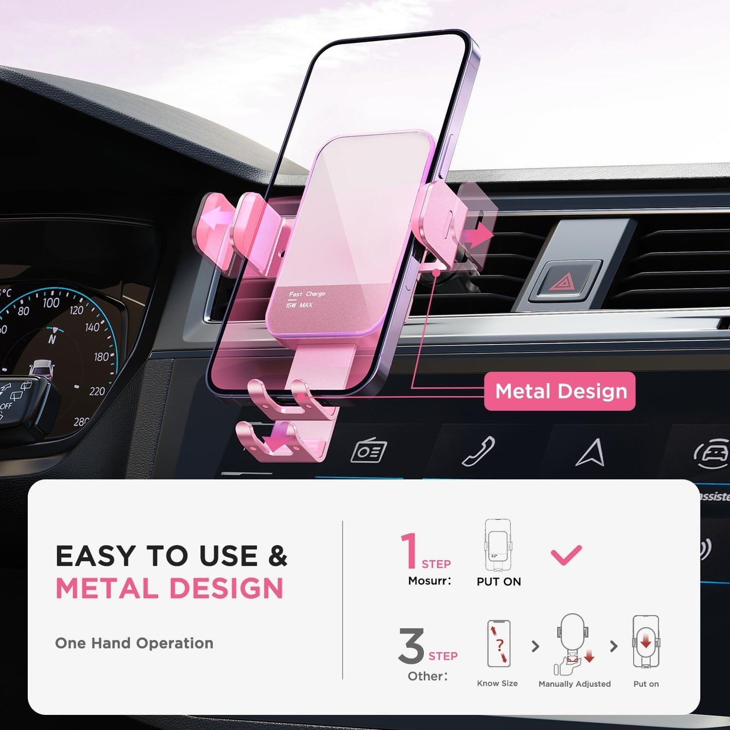 Wireless Car Charger,【7 Colored LED Backlit】 15W Auto Clamping Car Charger Phone Mount Holder fit for iPhone 14 13 12 Mini Pro Max 11 XR XS, Samsung Galaxy S23 Ultra S22 S21+ S10+ Note 20, etc - Pink