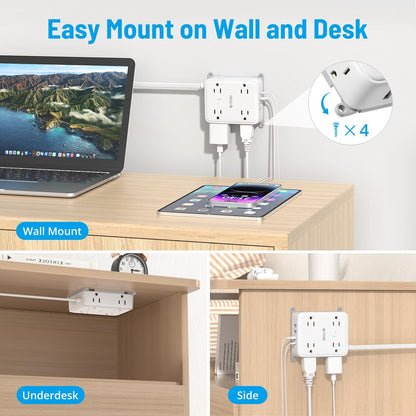 TROND Surge Protector Power Strip with USB, Ultra Thin Flat Plug 10ft Extension Cord 1625W, 3 USB-A & 1 USB-C, 8AC Outlets 1440J Surge Protection Wall Mount for Home Office Dorm Room Essentials, White