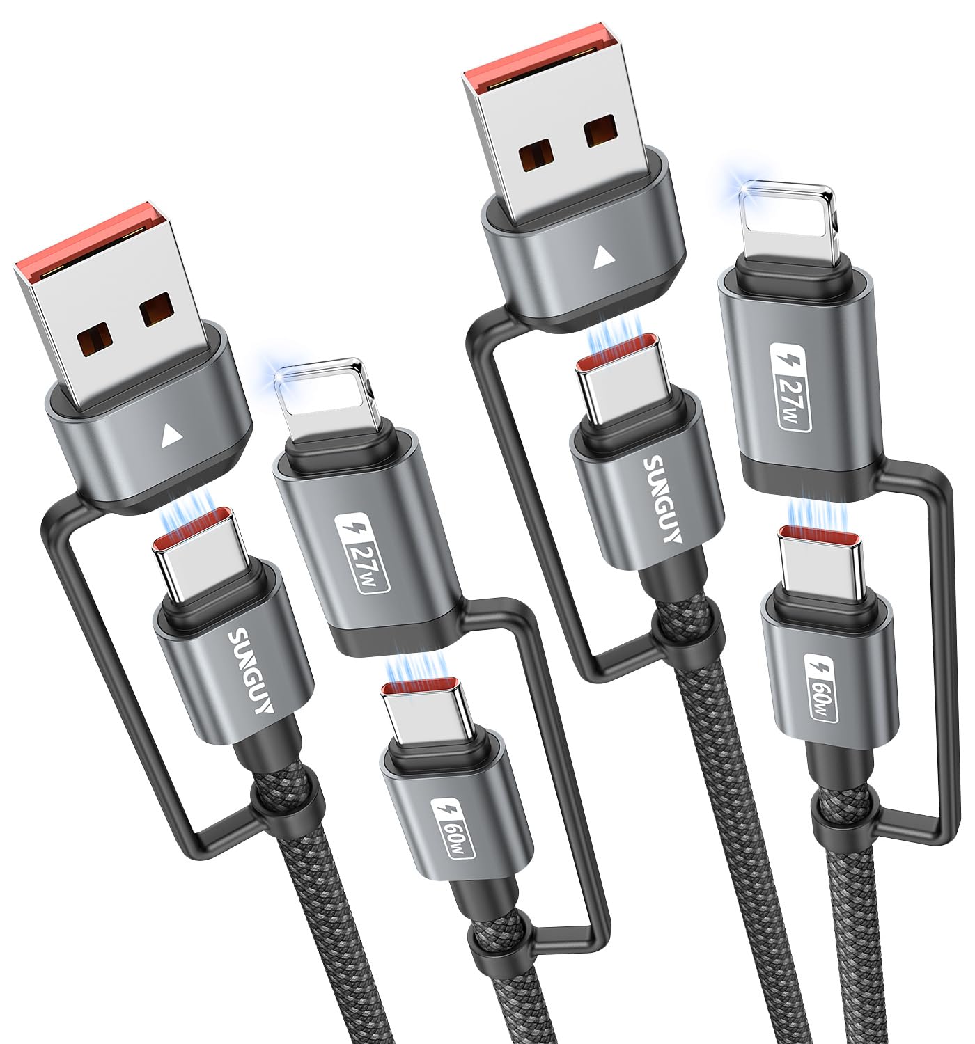 SUNGUY 4 in 1 Charging Cable 3FT [2 Pack], 60W Multi Charging Cable, USB-C/A to Lighting/C Cord for iPhone 16/15/14 Pro/iPad/MacBook/Samsung Galaxy S25/S24/Tablets