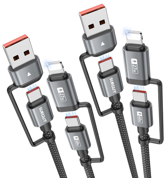 SUNGUY 4 in 1 Charging Cable 2FT [2 Pack], 60W Multi Charging Cable, USB-C/A to Lighting/C Cord for iPhone 16/15/14 Pro/iPad/MacBook/Samsung Galaxy S25/S24/Tablets
