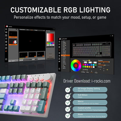 iRocks K74R Wireless RGB Illuminated Mechanical Gaming Keyboard, Hot-Swappable Switches, Easy-Clean Floating Design, PBT 107 Keys NKRO, Detachable USB-C Cable - Island Blue (Red Switches)