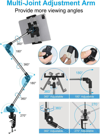 woleyi Adjustable Tablet Mount Holder, 35" Desk/Bed Clamp Phone iPad Stand with Foldable 360° Swivel Arm for iPad Pro 12.9 Air Mini, iPhone, Galaxy Tabs, Nintendo Switch, 4-13" Cell Phones and Tablets