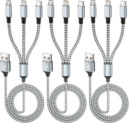 Multi Charging Cable(3Pack 4FT), 3 in 1 Charging Cable for Multiple Devices, Multi Phone Charger Cord with Type-C, Micro USB and IP Port for iPhone 16/15/14/13/iPad/Android/Tablets and More