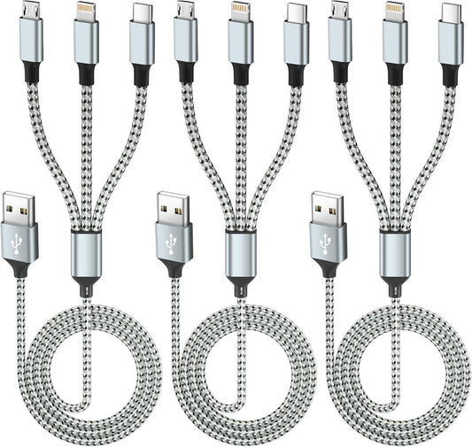 Multi Charging Cable(3Pack 4FT), 3 in 1 Charging Cable for Multiple Devices, Multi Phone Charger Cord with Type-C, Micro USB and IP Port for iPhone 16/15/14/13/iPad/Android/Tablets and More
