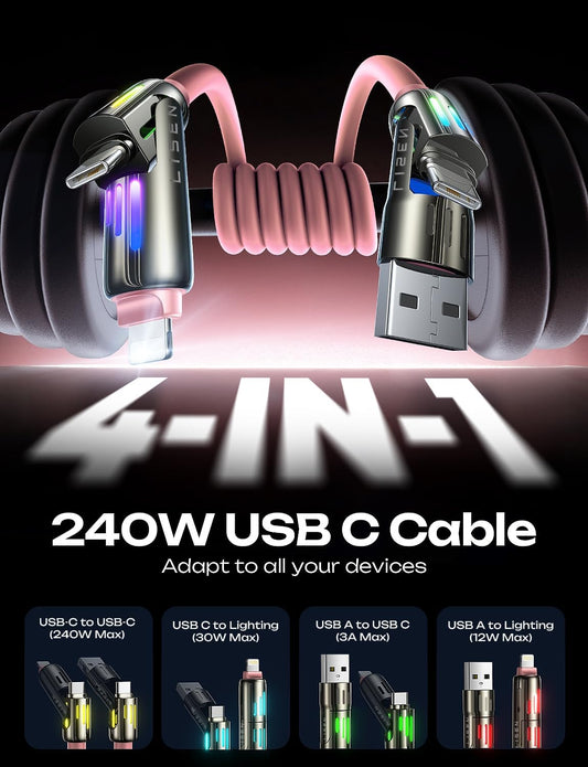LISEN Pink iPhone Charger Cable, 240W Chubby USB C, 4 in 1 Charging Cable (6.6FT) with Light, USB A/C to C/L Multi Charging for iPhone 16 15 14 Pro Max/MacBook/iPad Pro/Samsung, Pink Accessories