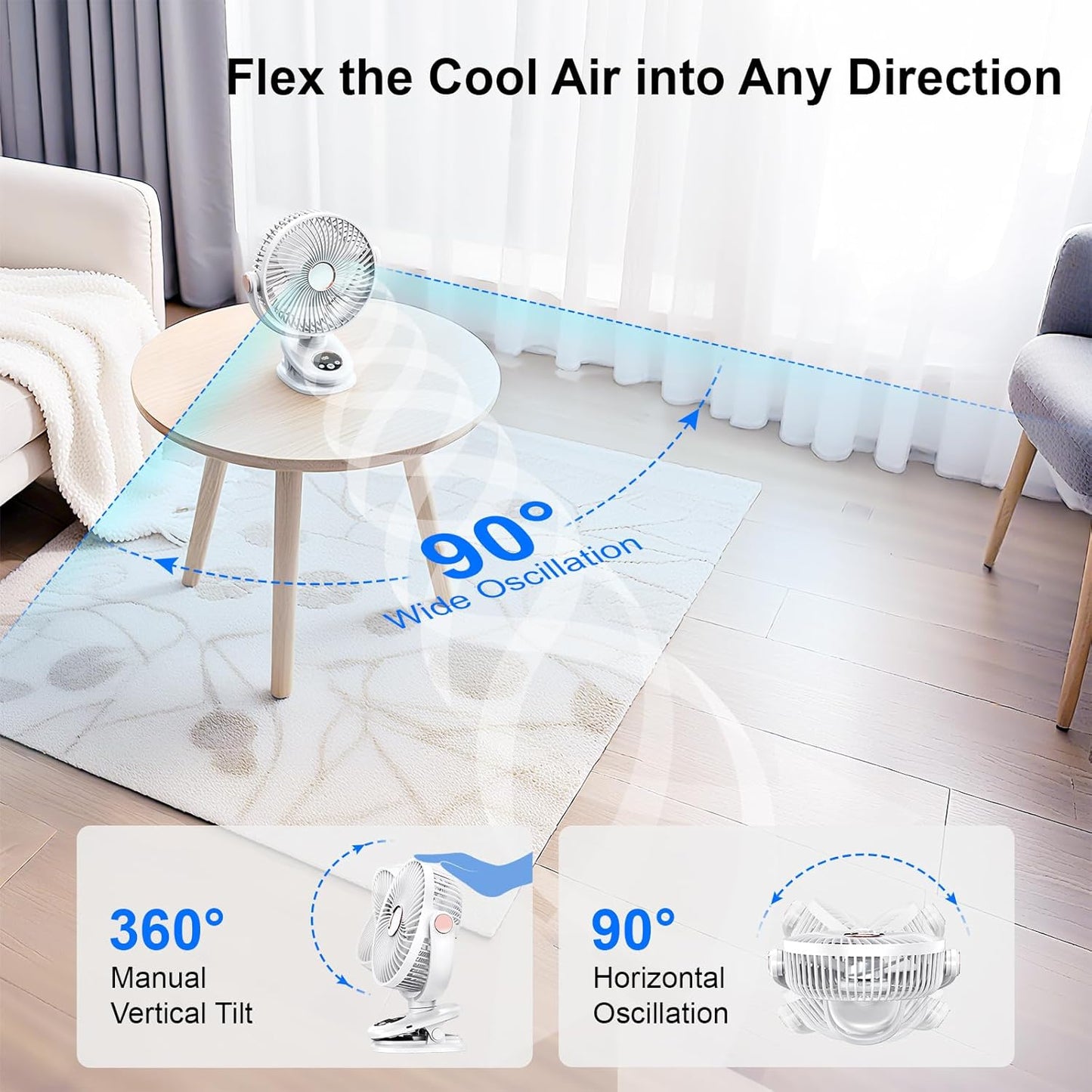 iNeibo 10000mAh Portable Clip on Fan, 90° Oscillating Fan, 8 Inch Rechargeable Battery Operated Desk Fan, Strong Airflow, 5 Speeds, Sturdy Clamp for Golf Cart Home Office Outdoor Travel (White)