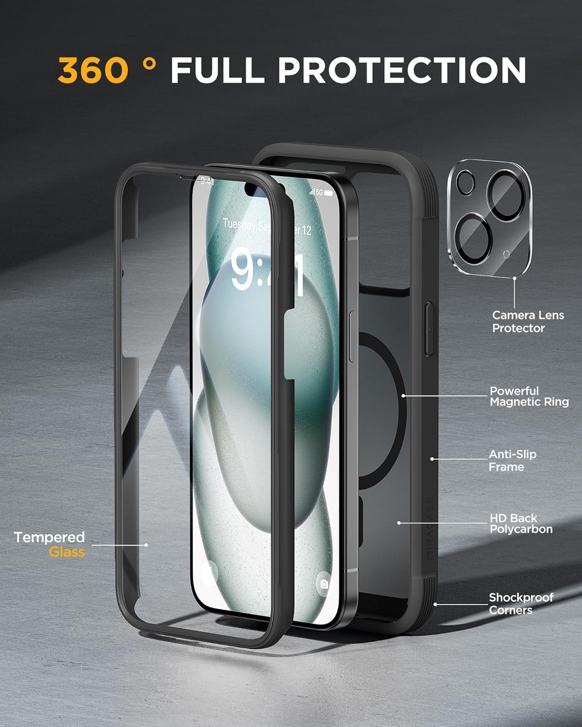 Miracase Magnetic for iPhone 15 Plus Case 6.7'' [Compatible with Magsafe] only for 15 Plus Phone Case Cover with Built-in 9H Tempered Glass Screen Protector,Magnetic Frosted Black