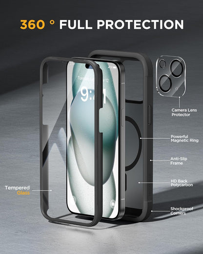 Miracase Magnetic for iPhone 15 Plus Case 6.7'' [Compatible with Magsafe] only for 15 Plus Phone Case Cover with Built-in 9H Tempered Glass Screen Protector,Magnetic Frosted Black