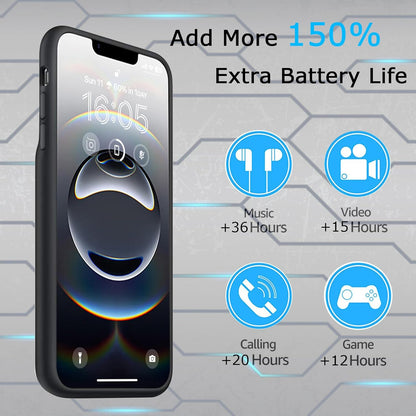 Battery Case for iPhone 16e, Upgraded 10800mAh Rechargeable Portable Extended Battery Pack Supported Qi Wireless Charging Case Compatible with iPhone 16e(6.1 inch) Charger Cover(Black)