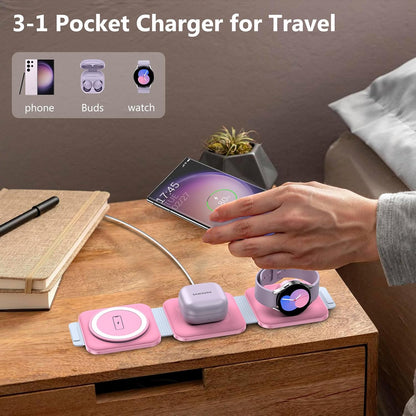 Travel Charger for Samsung Multi Devices, Foldable 3 in 1 Wireless Charging Station Fast Charging Stand/Pad Compatible for Samsung Galaxy S25/S24/S23/S22/S21/Note20 Galaxy Watch8/7/6/5/4/Galaxy Buds4