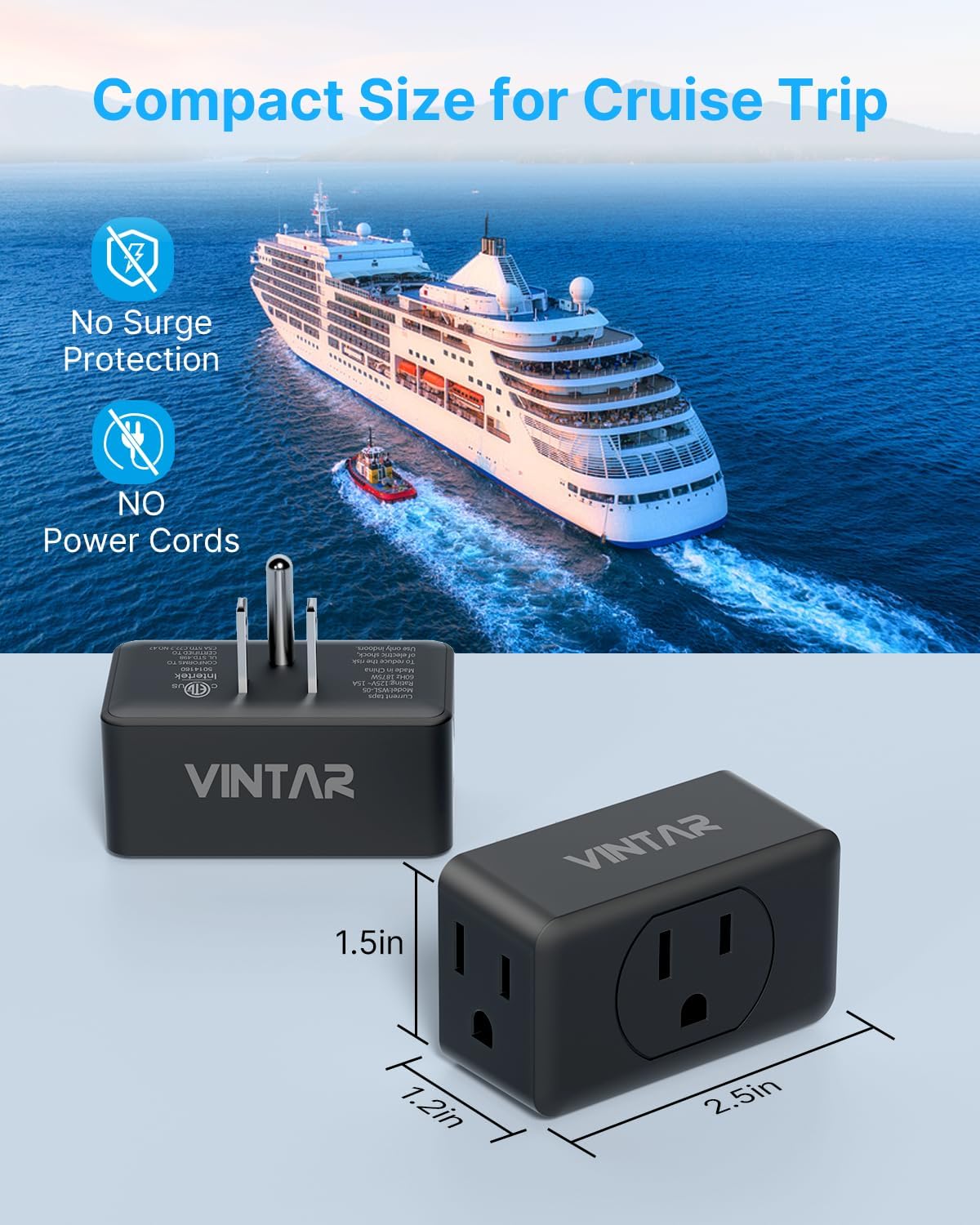 VINTAR 3 Pack Multi Plug Outlet Extender, Adapter, Splitter, Black, Type A, 125V, 15A, ETL Certified