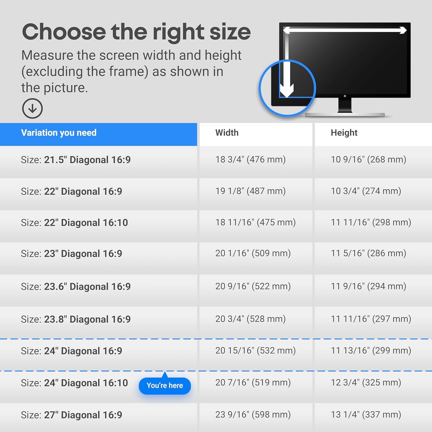 24 inch Blue Light Blocking Screen Protector Panel for 16:9 Widescreen Computer Monitor and Laptop - PC Anti-UV Eye Protection Filter Film - Anti-Scratch Diagonal Frame Shield [1 Pack]