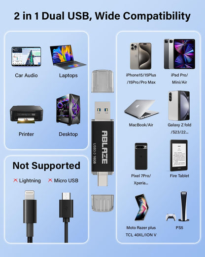 ABLAZE Type C Flash Drive 16GB, Dual USB 3.0+ USB C Flash Drive Compatible with iPhone 16/15,Android Smartphone,Computer,Tablet Mac Laptop