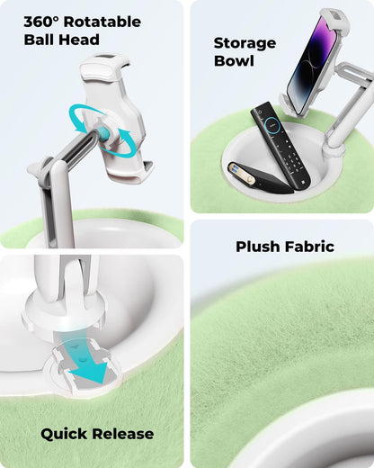 Viozon Tablet Stand Pillow, Compatible with 4.7"-13" Phone/Tablet, iPad, iPhone, Samsung, Google, Kindle, 360°Adjustable Phone Holder for Bed with Soft Plush Fabric, and Detachable Bowl, Green