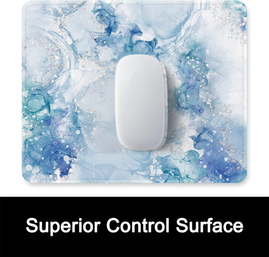 ITNRSIIET Mouse Pad with Stitched Edge Premium Textured Smooth Precise Operation Waterproof Washable Non-Slip Rubber Base Desktop Protection Mat, 10.2×8.3×0.12 inches, Blue Abstract Marble