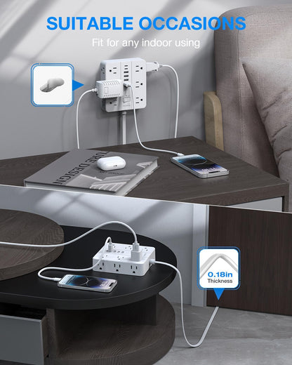 Flat Plug Power Strip Surge Protector, Flat Extension Cord Indoor 20 Feet， HUNIAN 12 Widely Spaced Outlets with 6 USB (2 USB C Ports), Desk Charging Station for Home Office Supplies, White