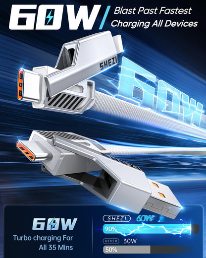 SHEZI [Upgraded 2.0] 4-in-1 USB C Cable 60W 10FT Fast Charging [480Mbps Data Sync] Flat Nylon Braided Charger Cord Combo, USB A/C to C/L Multi Charge Cable for iPhone/iPad & Most Devices, Silver