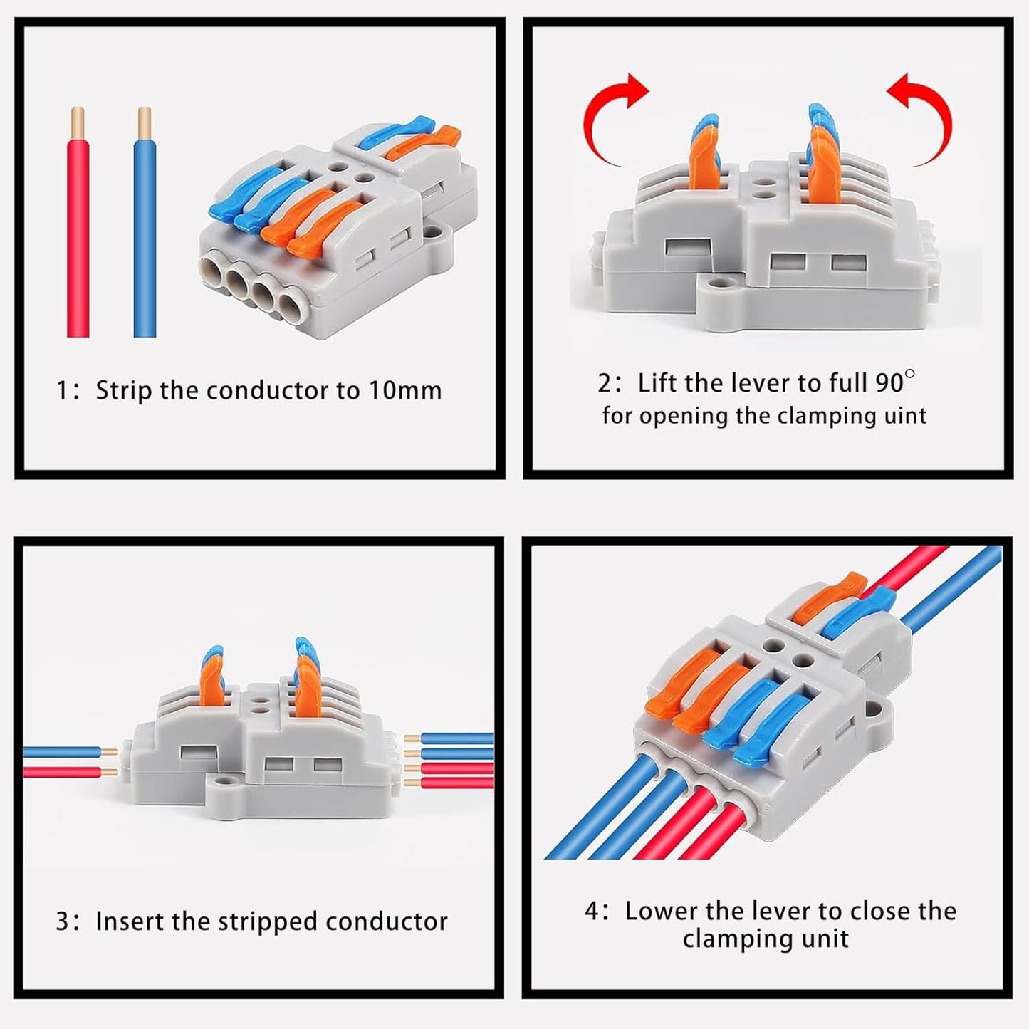 10PCS Lever Wire Connectors, Quick Wiring Cable Connectors, Compact Push-in Conductor Terminal Block(10PCS 2 in 4 Out)
