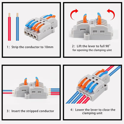 10PCS Lever Wire Connectors, Quick Wiring Cable Connectors, Compact Push-in Conductor Terminal Block(10PCS 2 in 4 Out)