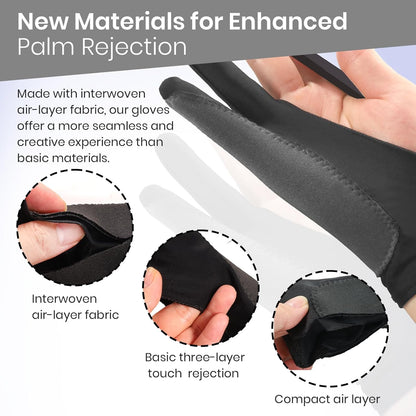 Digital Drawing Glove: 3-Layer Palm Rejection, Two-Finger Artist Glove for Drawing Tablet, iPad, Paper Sketching, Fits Left and Right Hand, Includes Cleaning Cloth(2 Pack,Black,Large)