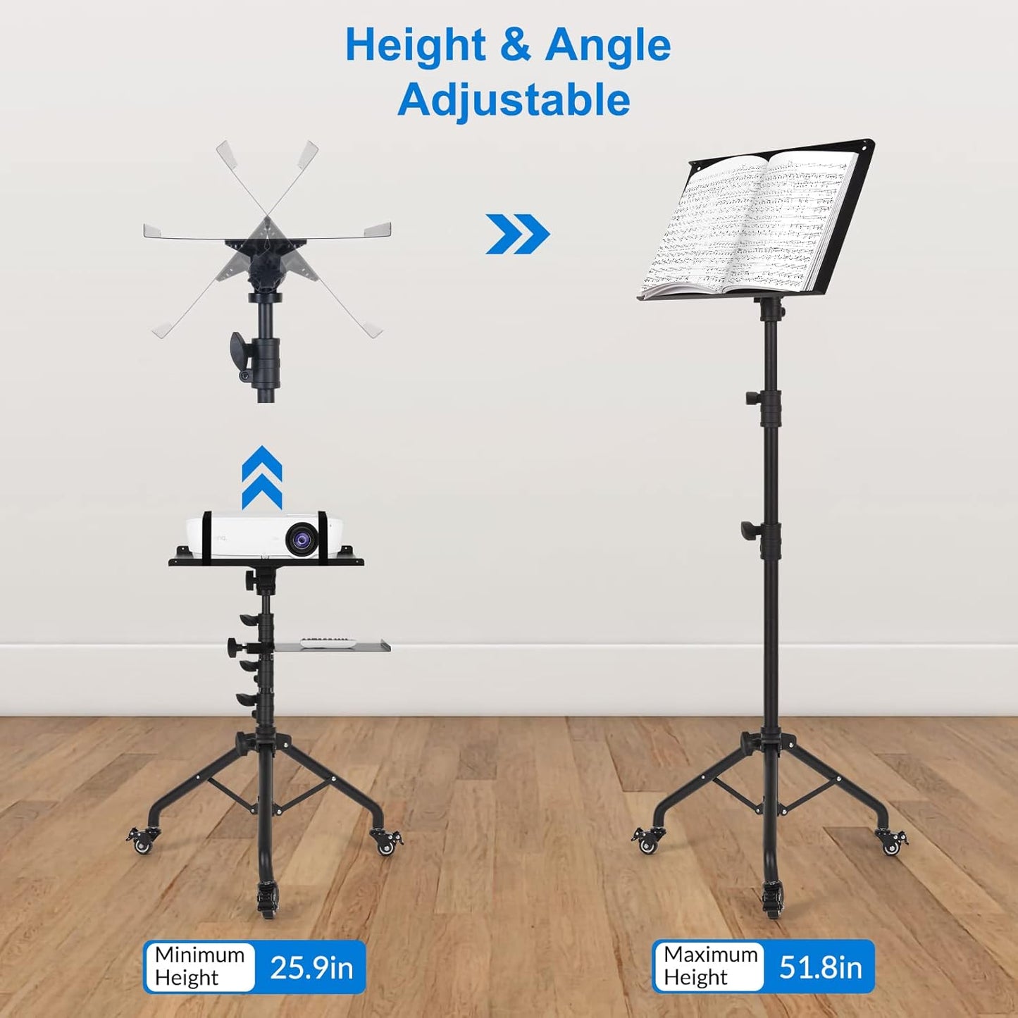 Laptop Tripod on Wheels with 2 Shelves, Portable Projector Floor Stand Adjustable Height 25.9 to 51.8 Inch with Phone Holder