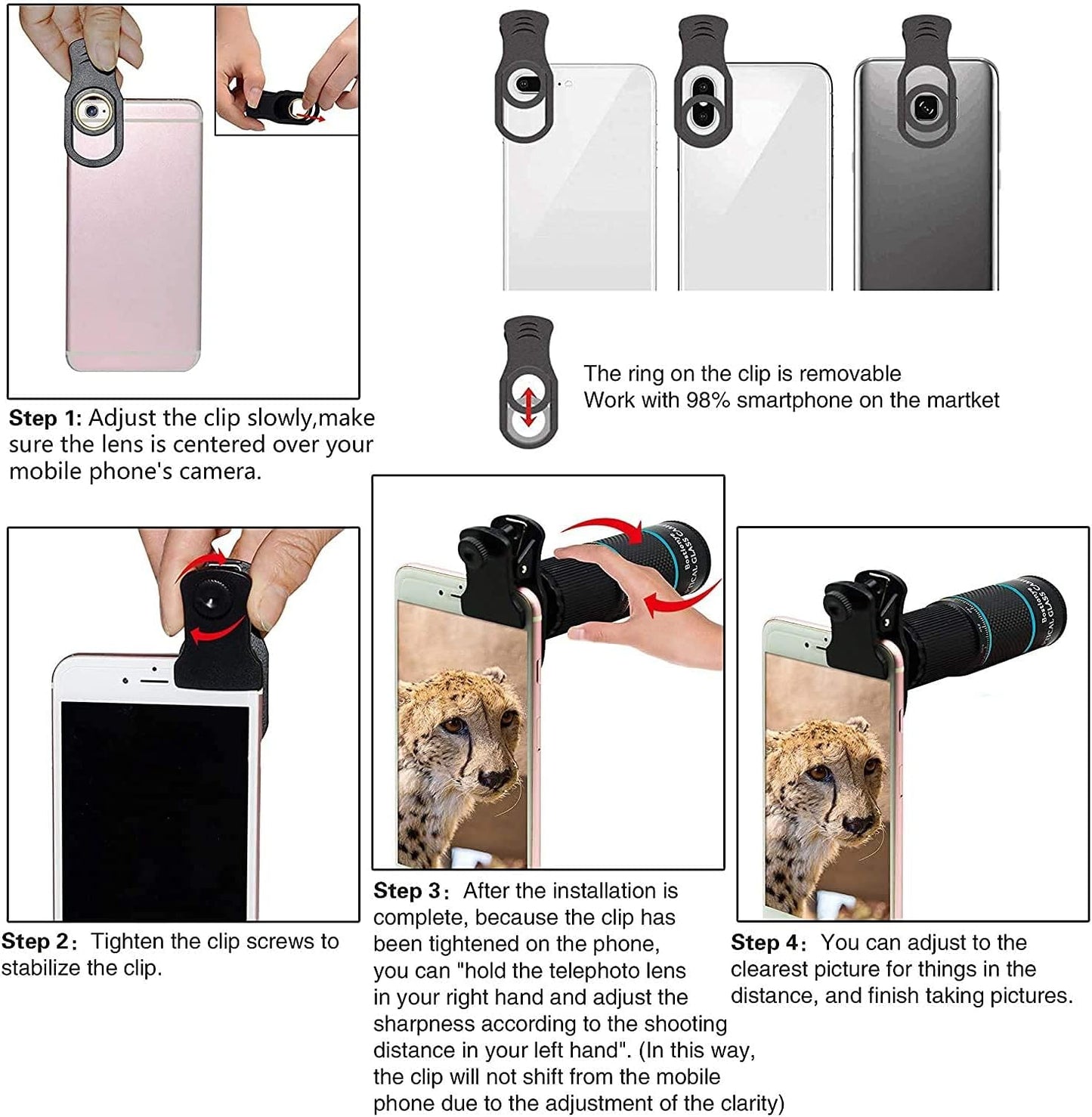 Phone Camera Lens Kit 10 in 1 for iPhone Samsung Pixel Android, 22X Telephoto Lens, 0.62X Super Wide Angle Lens&25X Macro Lens, 235° Fisheye,Kaleidoscopes, Starlight，Tripod，for Most Smartphone Black