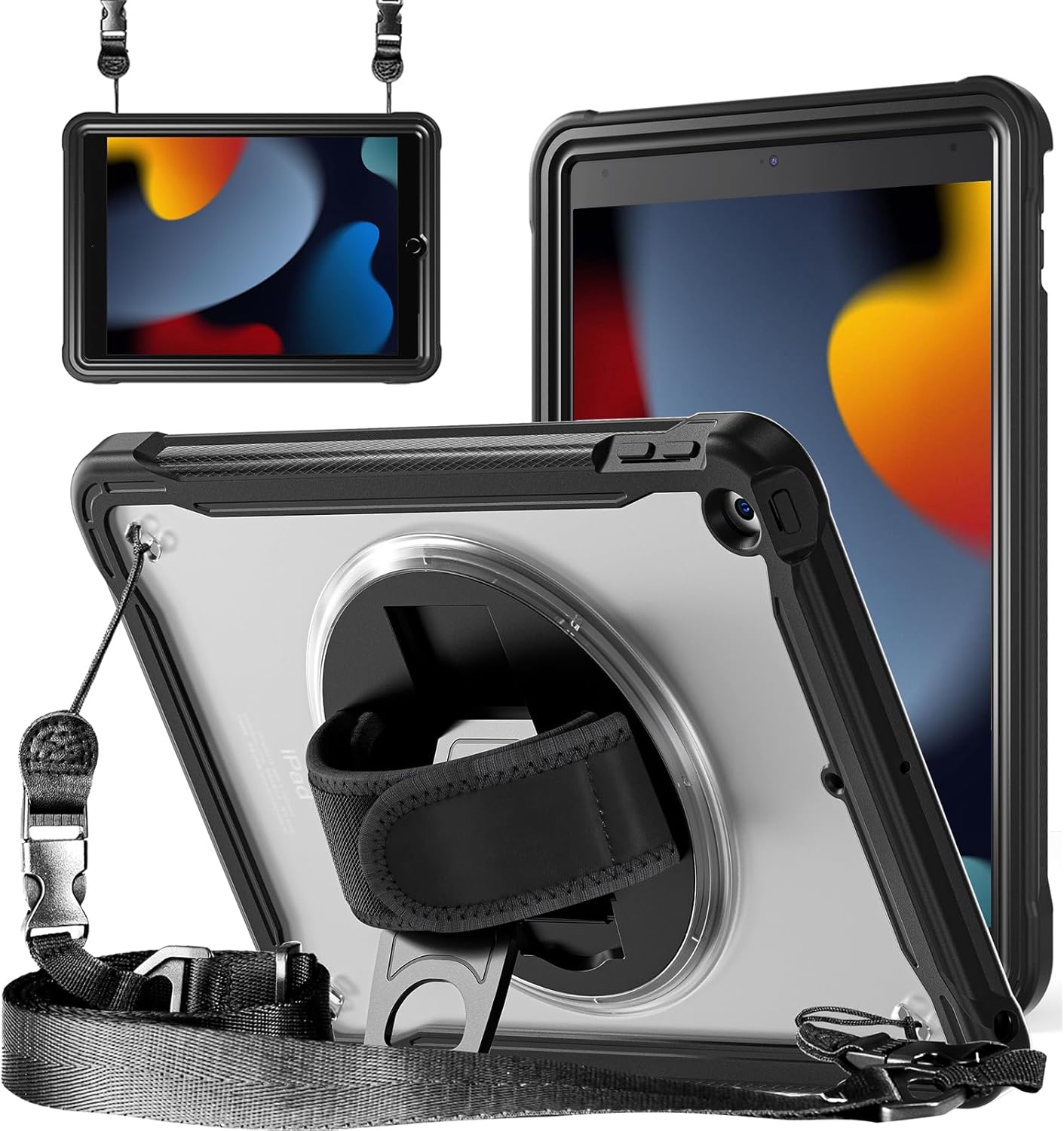 ZenRich Clear Case for iPad 9th/8th/7th Generation 10.2 inch 2021/2020/2019, Shockproof Slim Hard Case with Pencil Holder/360°Rotating Kickstand/Handle/Carrying Strap, Black