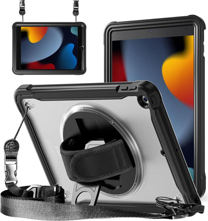 ZenRich Clear Case for iPad 9th/8th/7th Generation 10.2 inch 2021/2020/2019, Shockproof Slim Hard Case with Pencil Holder/360°Rotating Kickstand/Handle/Carrying Strap, Black