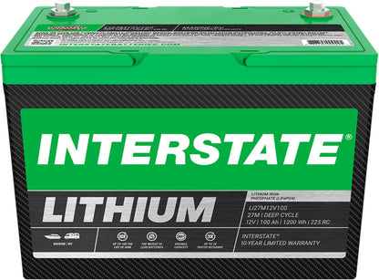 Interstate Batteries 12V 100Ah Group Size 27M Lithium Marine/RV Deep Cycle LiFePO4 Battery, Maintenance Free, Lightweight, Ideal For Boats, RV Camping, Off-Grid, Yachts (Li27M12V100)
