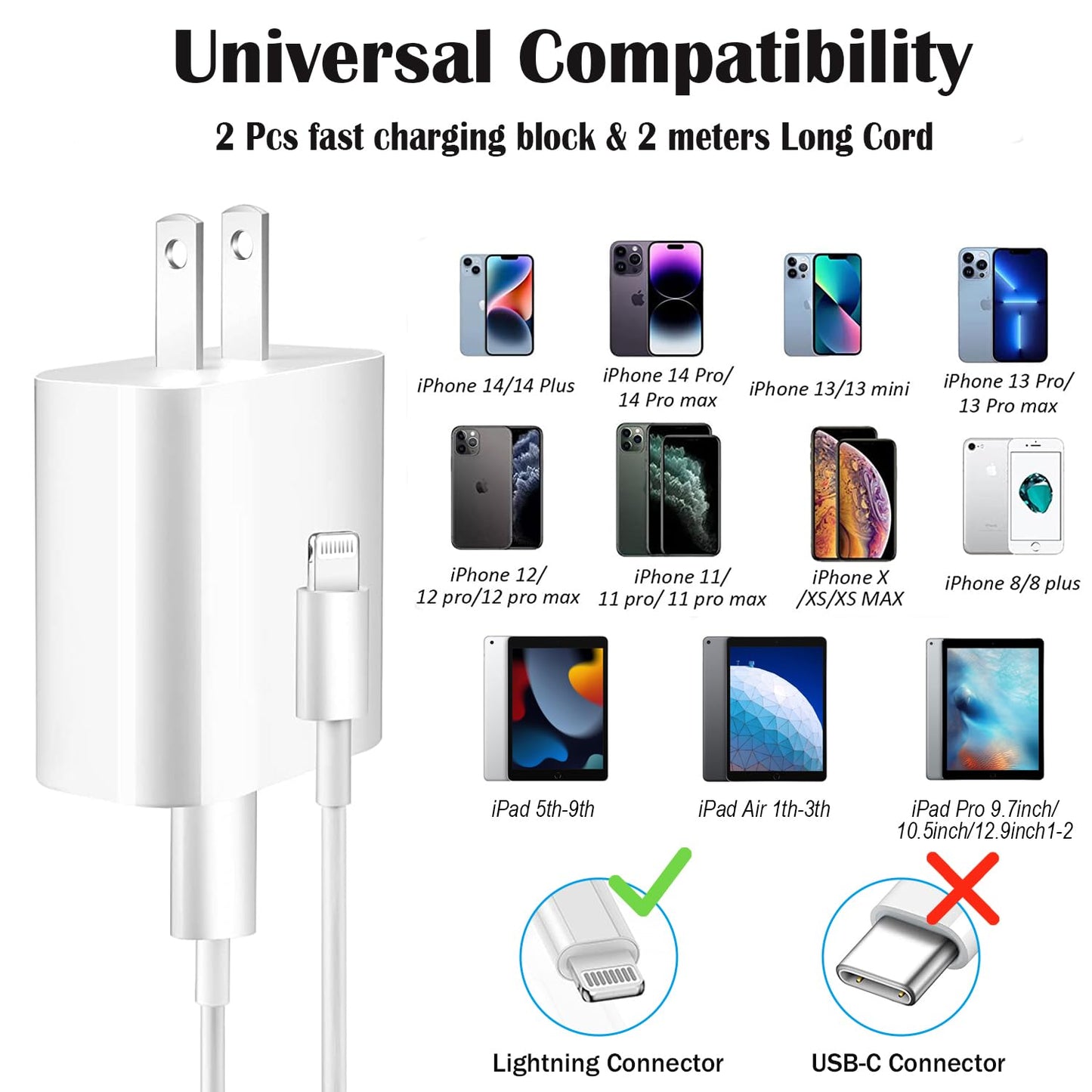 iPhone Charger Fast Charging,iPhone Fast Charger 2Pack Type C Fast Charger Block Plug Adapter 6FT USB-C to Lightning Cable Cord for iPhone 14/13/13 Pro/12 Pro/12 Pro Max/11/Xs Max/XR/X/SE,iPad,AirPods