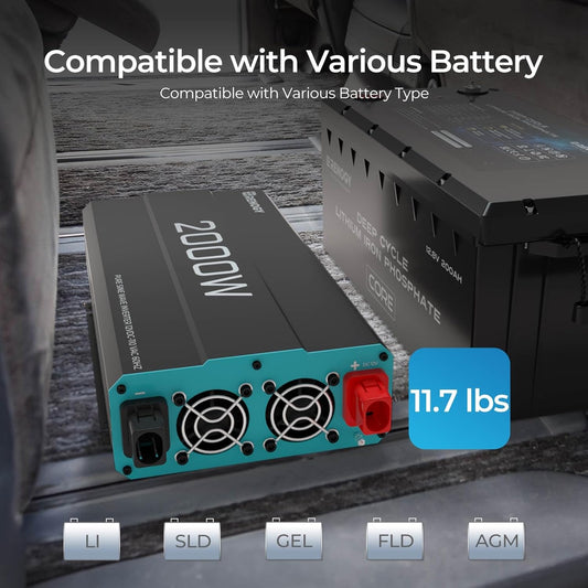 Renogy Inverter P2 2000 watt Pure Sine Wave Inverter, Solar Car Power Inverter 12V to 120V AC Converter for RV, Truck, Camping, Home Backup, Outdoor, Emergency, Off-Grid Living, 16.4FT Remote Control