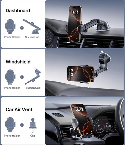 Miracase Phone Holders for Your Car, [Thick Case & Heavy Phone Friendly] Universal Cell Phone Car Mount, 3-in-1 Phone Mount for Car Dashboard Windshield Air Vent Fit for All Smartphones, Dark Grey