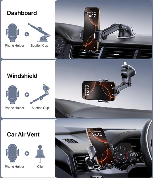 Miracase Phone Holders for Your Car, [Thick Case & Heavy Phone Friendly] Universal Cell Phone Car Mount, 3-in-1 Phone Mount for Car Dashboard Windshield Air Vent Fit for All Smartphones, Dark Grey