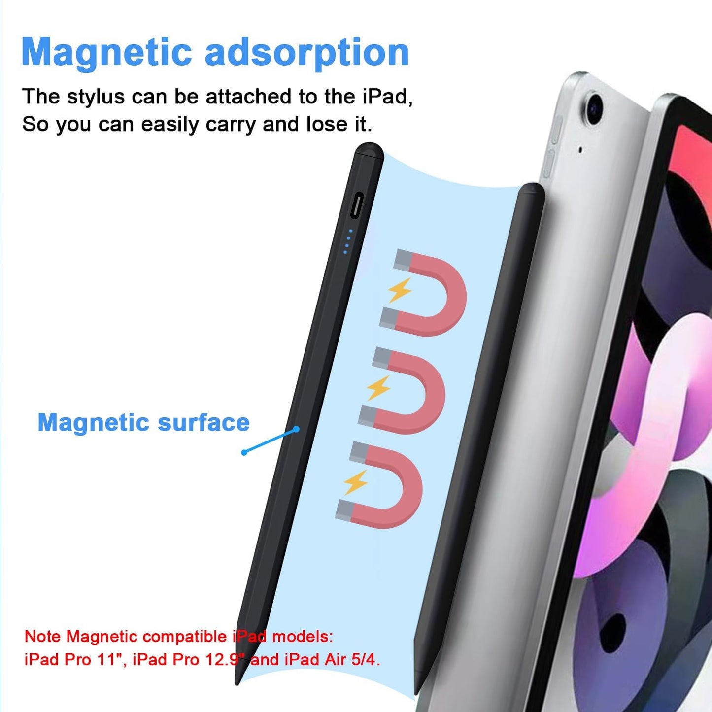 Stylus Pen for iPad 9th&10th - Type-c Charging Pencil for ipad Palm Rejection Active Pen Compatible with (2018-2025) Apple iPad 6/7/8/9/10/11(A16), Air 3/4/5/M2/M3, Mini 5/6, Pro 11"/12.9"/M4（Black）