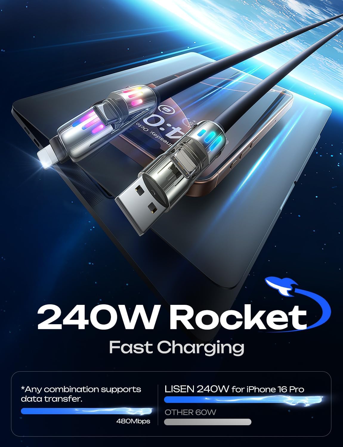 LISEN USB C Cable 3FT for Samsung Charger Type C, Chubby 4 in 1 Charging Cable with Light, Multi Charging Cable for iPhone 16 15 14 Pro Max/MacBook/iPad Pro/SamSungS25, All Devices, Black