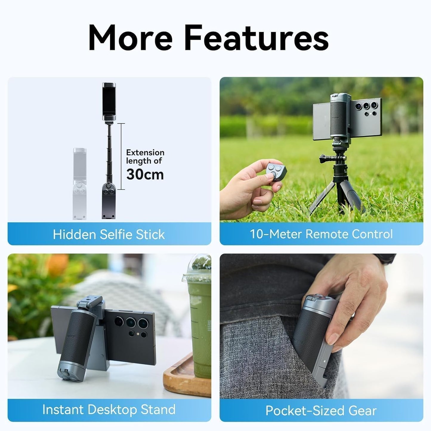 TELESIN° Smartphone Grip Selfie Stick, Bluetooth Mobile Phone Handle Holder, Mobile Phone Shutter Grip with Detachable Remote for One-Handed Control Compatible Samsung Android Video Shooting