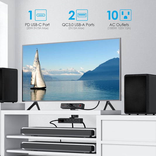 Desk Clamp Power Strip with PD20W USB-C, 2 in 1 Dual Layer Under Desk Power Strip, Removable Clamp Power Socket with 10AC Outlets & Switch, 10ft Extension Cord(ETL Listed)