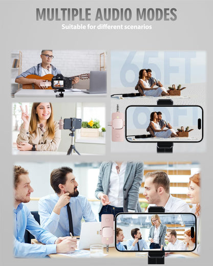 PQRQP 3 in 1 Wireless Lavalier Microphone for iPhone, iPad, Android, Camera, Mini Microphone, 7-Hour Battery, High Definition Sound Quality for Interview, Video Podcast, Vlog (Pink)