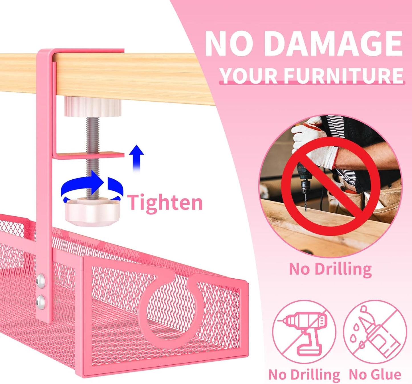 Under Desk Cable Management Tray Black, No Drill Desk Cable Wire Management Organizer with Clamp, PC Cord Organizer Accessories & Workspace for Office, Home（Pink）