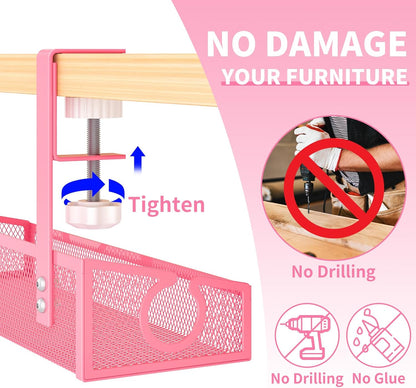 Under Desk Cable Management Tray Black, No Drill Desk Cable Wire Management Organizer with Clamp, PC Cord Organizer Accessories & Workspace for Office, Home（Pink）