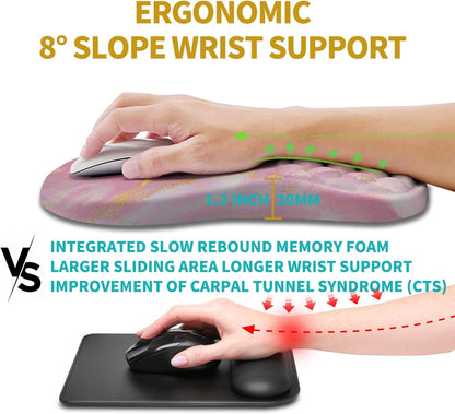 Hokafenle Ergonomic Mouse Pad Wrist Support, Wrist Rest Mousepad for Carpal Tunnel Pain Relief with Integrated Memory Foam Slope Massage Bulge (11.8x7.9 inch,Pink Gold Marble