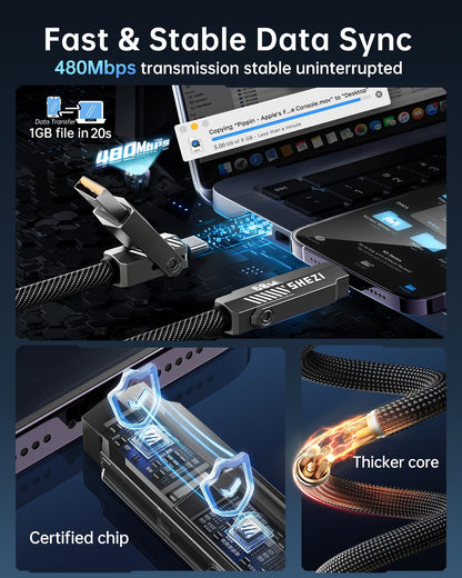 SHEZI Nylon Braided 4 in 1 USB C Cable 60W 10FT Compatible with Lightning Cable, Fast Charging for iPhone/iPad Charger Cord [480Mbps Data Sync],Multi Charging Cable with Type C/USB A, Grey