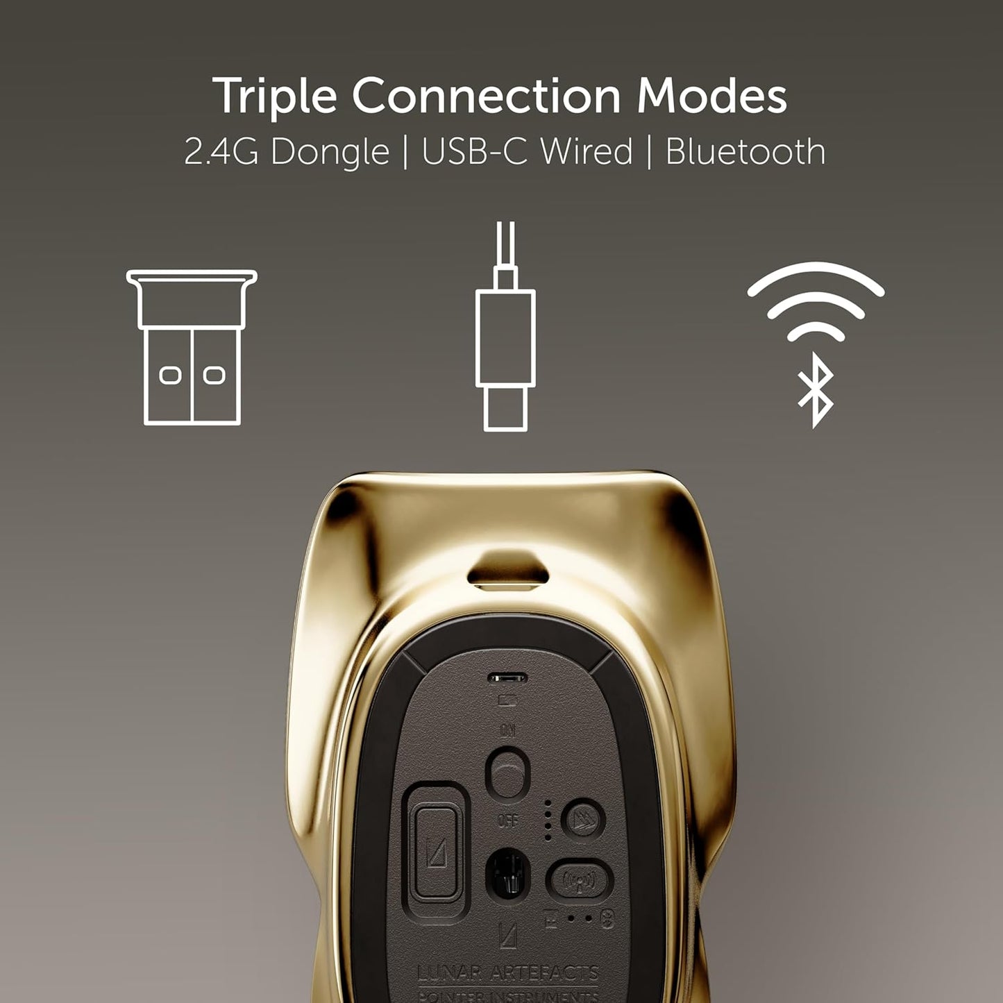 LUNAR ARTEFACTS Ambidextrous Rechargeable Bluetooth Wireless Computer Mouse Black French Leather and Gold Tone Plated Aluminum, Qi Enabled USB-C