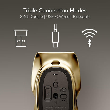 LUNAR ARTEFACTS Ambidextrous Rechargeable Bluetooth Wireless Computer Mouse Black French Leather and Gold Tone Plated Aluminum, Qi Enabled USB-C