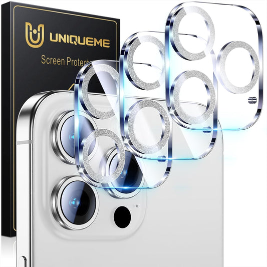 UniqueMe for 3 Pack iPhone 16 Pro/iPhone 16 Pro Max Camera Lens Protector - [Drop Protection] [Case Friendly] 9H Tempered Glass Camera Cover Screen [Update New Version] - Glitter Silver
